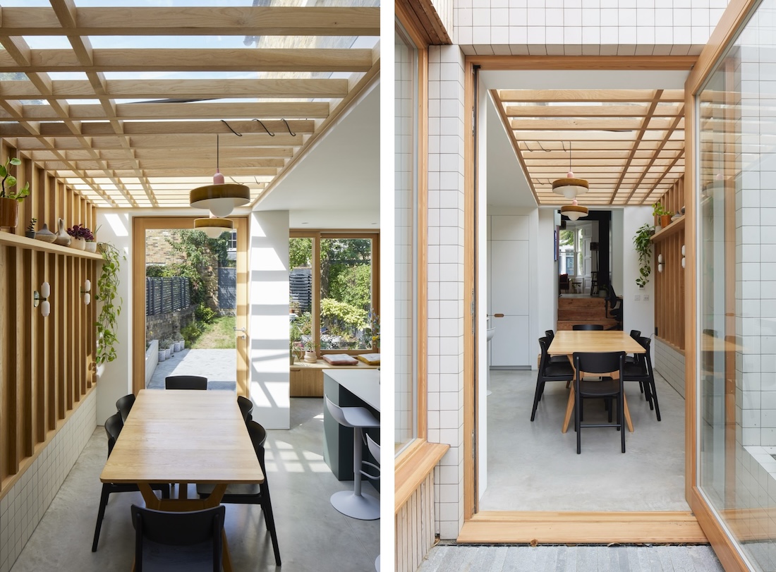 Timber Pivot door in Larch timber showing inside and outside view